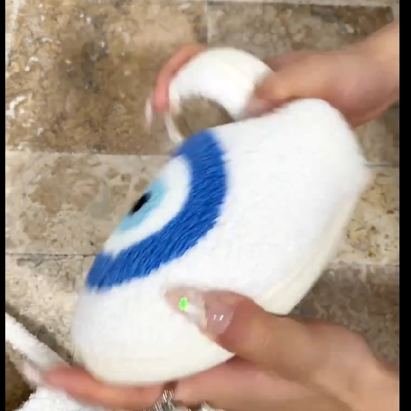 Soft & Cozy Boho Brand New Lucky Evil Eye of Protection Plush Sherpa Slippers - Picture 14 of 15